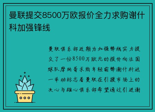 曼联提交8500万欧报价全力求购谢什科加强锋线 曼联提交8500万欧报价全力求购谢什科加强锋线