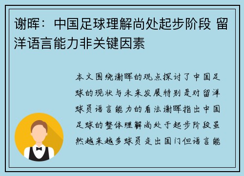 谢晖：中国足球理解尚处起步阶段 留洋语言能力非关键因素