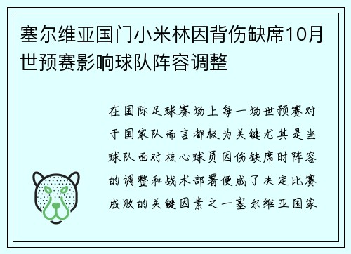 塞尔维亚国门小米林因背伤缺席10月世预赛影响球队阵容调整 塞尔维亚国门小米林因背伤缺席10月世预赛影响球队阵容调整